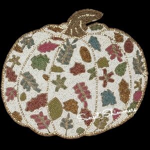 x4 Tahari Beaded Fall Leaf White Pumpkin Thanksgiving Placemat Chargers Set New